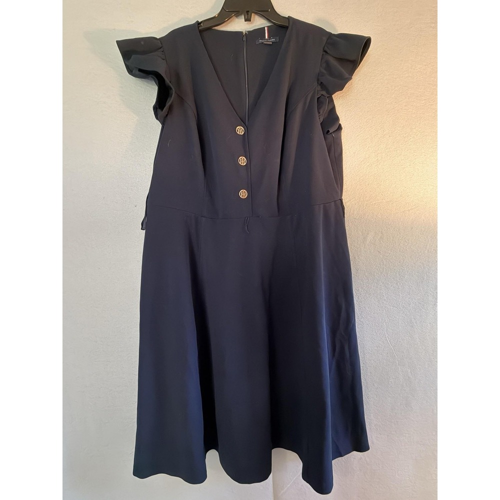 Tommy Hilfiger Dress Womens 14W Plus Blue V Neck Flutter Sleeve Fit & Flare